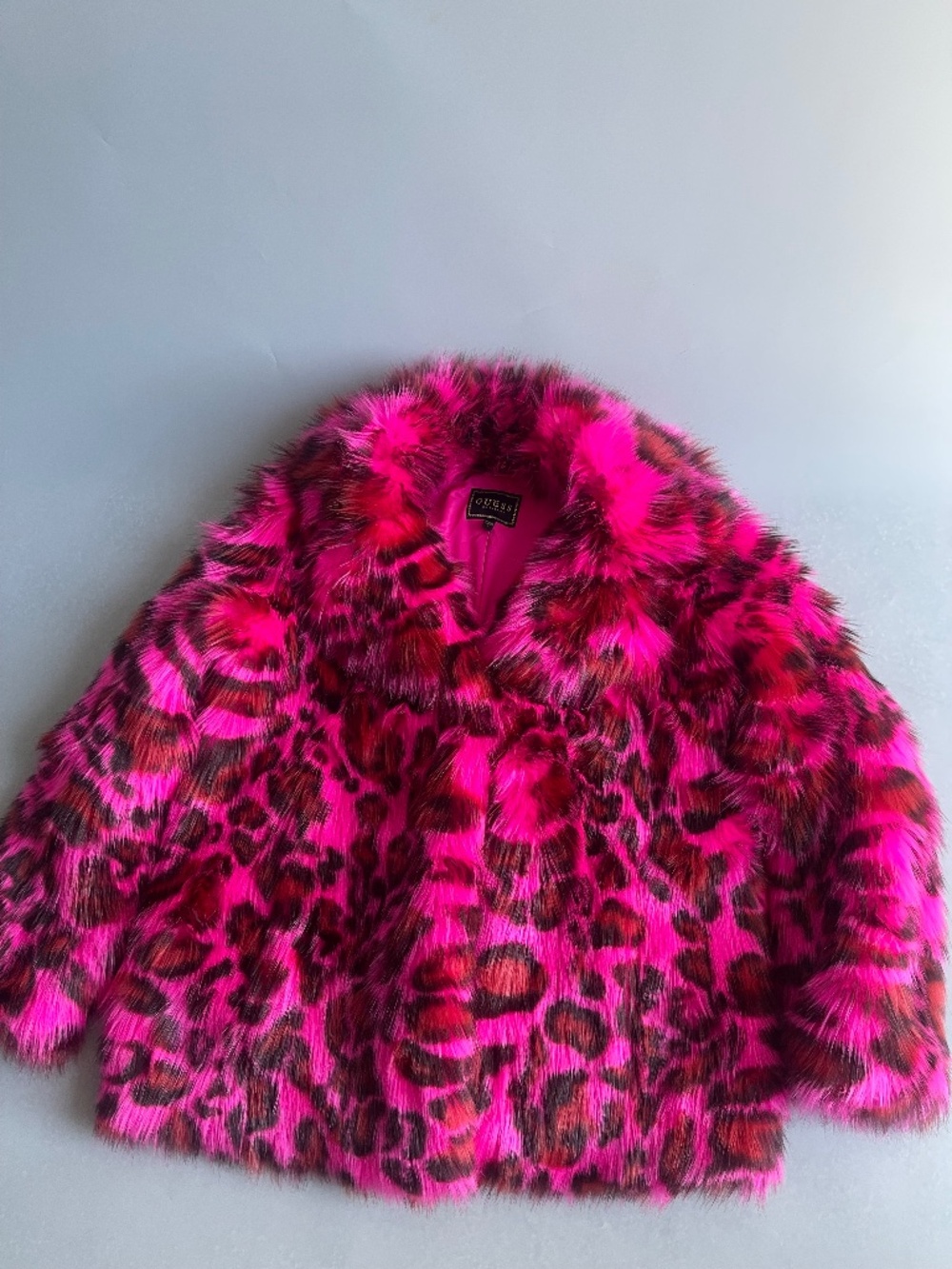 GUESS Poppie Hot Pink Leopard Faux Fur Coat Jacket Women’s L Y2K Statement